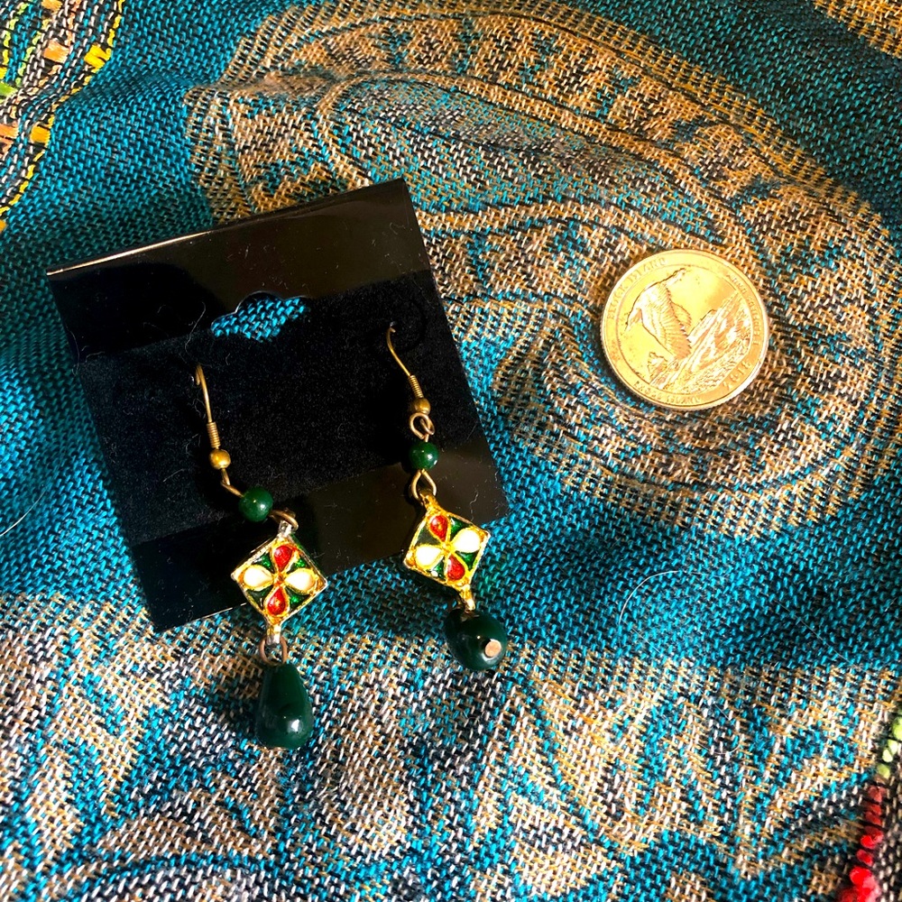 Green, red, and gold dangle earrings